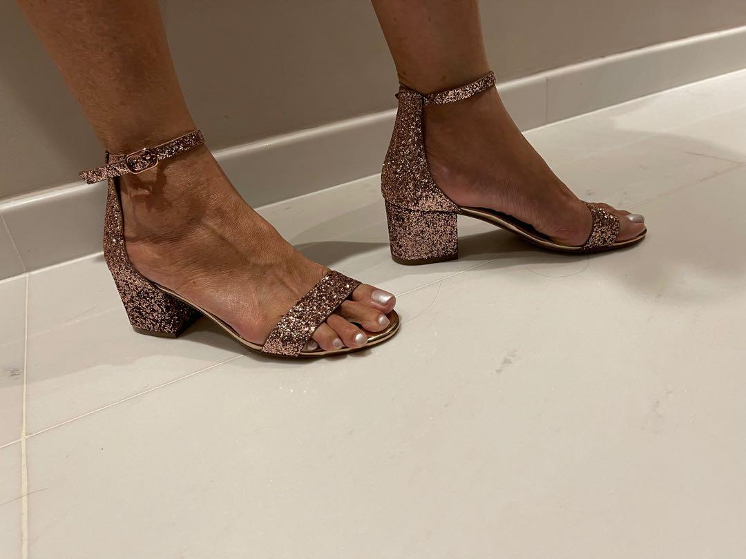 Steve Madden Rose Gold Glitter Open Toe ankle strap Chunky Heels Women s Fashion Footwear Heels on Carousell