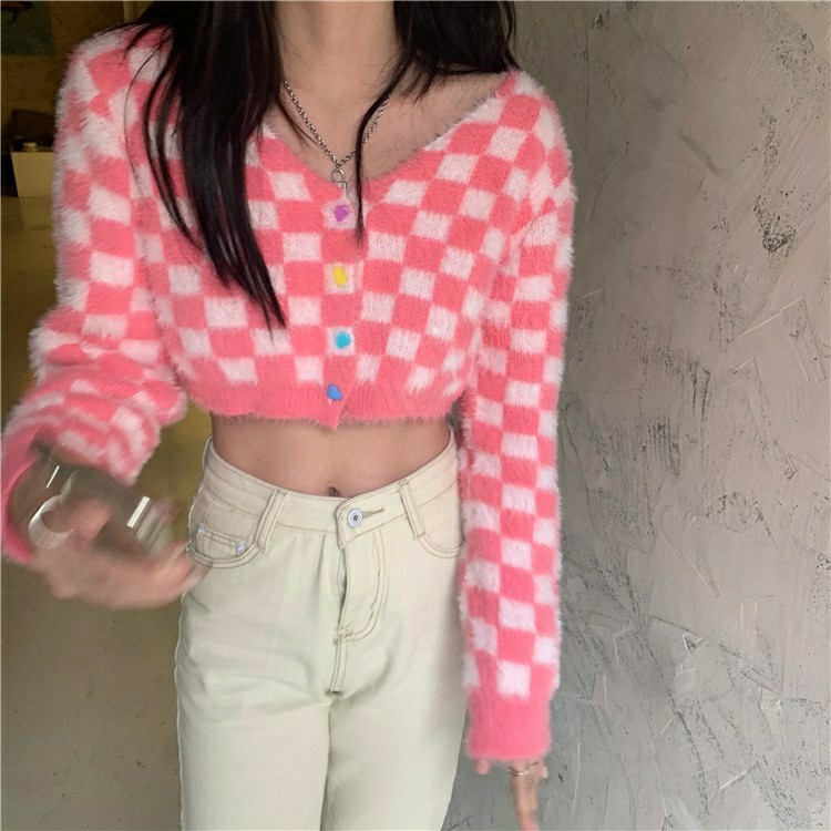 Bn Pink Checkered Furry Knit Cropped Cardigan Sweater Women S Fashion Tops Other Tops On Carousell