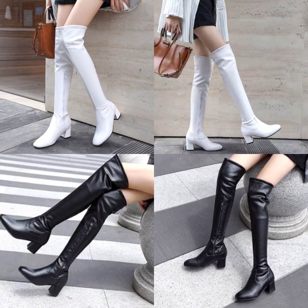 PRE ORDER Korean Leather White Black Over The Knee Length High Slim Effect 5.5cm Heel Boots Shoes Women s Fashion Footwear Boots on Carousell