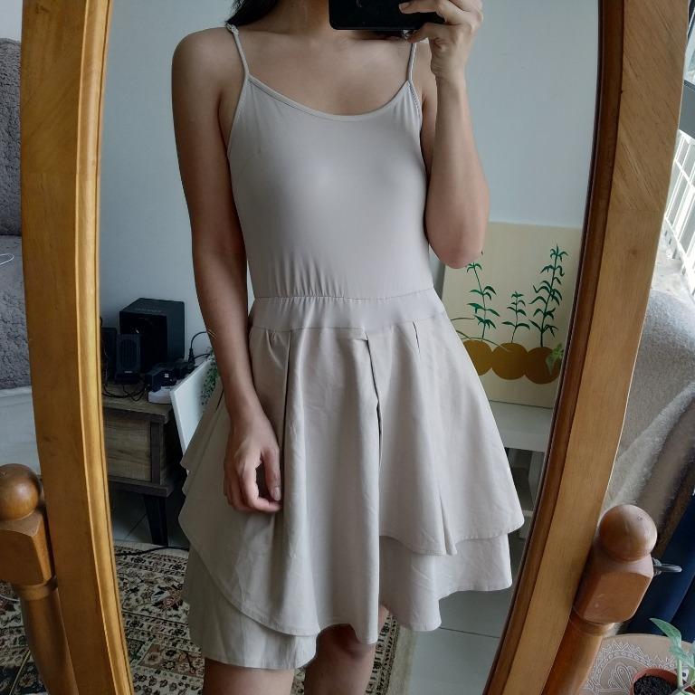 Nude Cami Layered Flare Dress, Women's Fashion, Muslimah Fashion