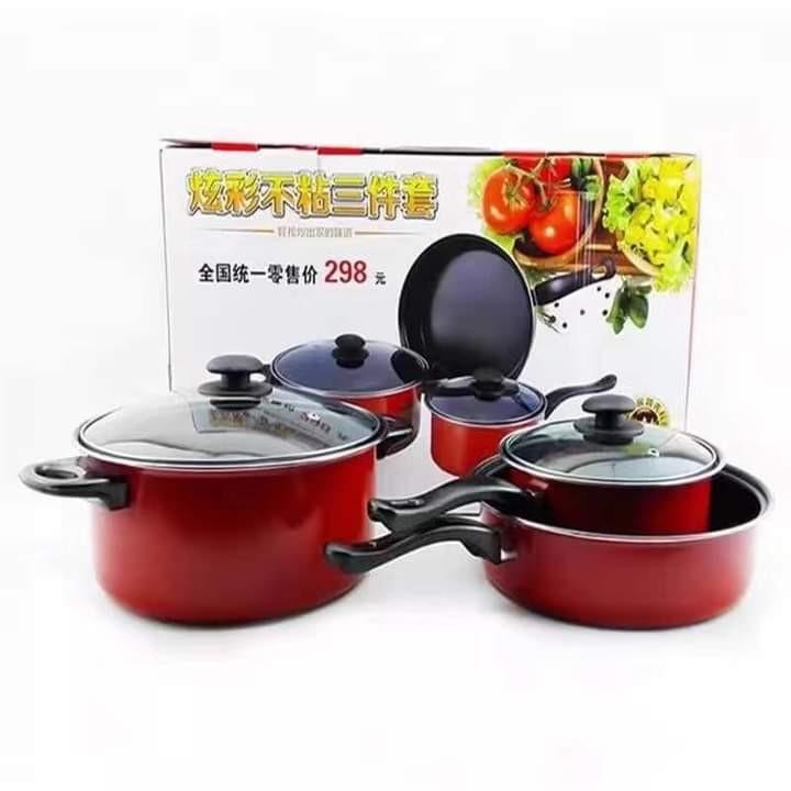 3 pcs. Kitchenware Cookware Set Non-Stick (Category: Cookware & Accessories) located in Manila. Submitted by acinad_ (Listing ID 1063655866, Image 1). Description: 3 pcs. Kitchenware Cookware Set Non-Stick For shipping: - Grab Delivery - LalaMove - Angkas Message for inquiries!.