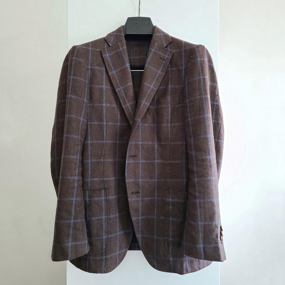 Brown blue windowpane check jacket (vintage), 男裝, 外套及戶外衣服