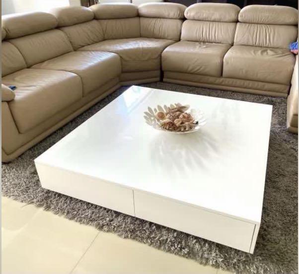 White Glossy Square Coffee Table With, Big Square White Coffee Table