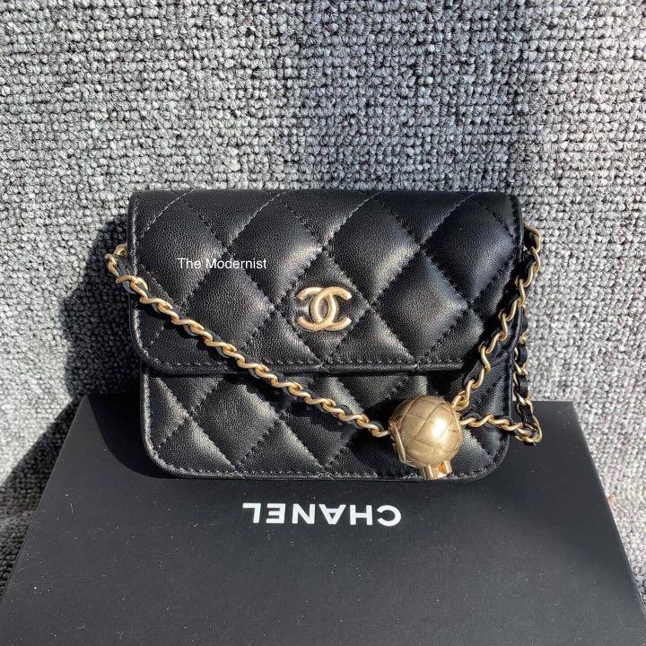 Authentic Chanel Gold Pearl Crush / Gold Ball Belt Bag Black Lambskin