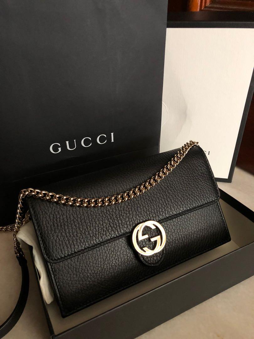 Authentic Gucci Interlocking Wallet on Chain in Black, Luxury, Bags &  Wallets on Carousell