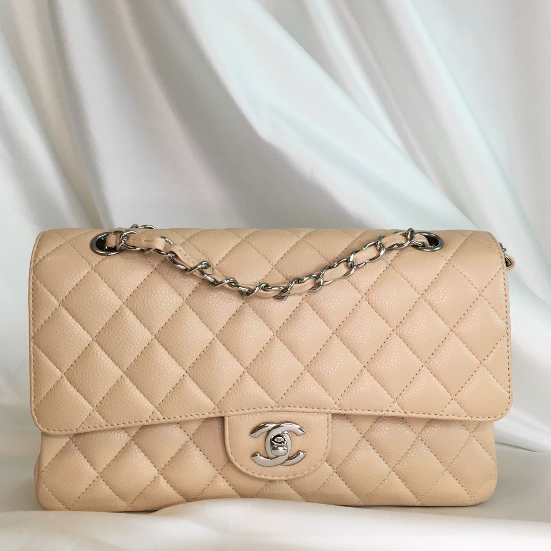 Chanel Classic Flap Medium beige caviar with silver hardware, Luxury, Bags  & Wallets on Carousell