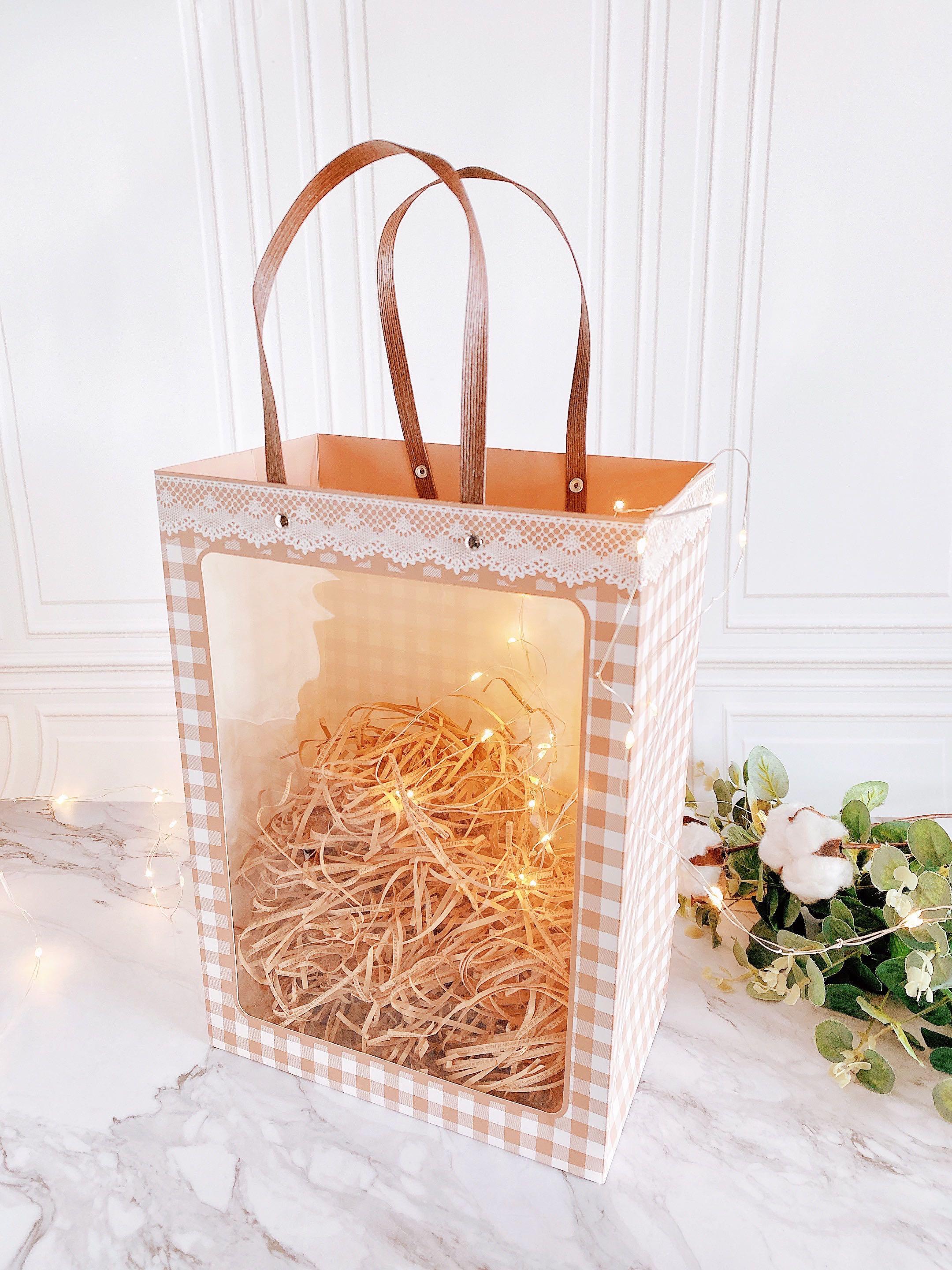 cottage chic khaki brown gingham plaid checkered lace long window paper carrier bag for cake pastry cupcake box flower bouquet gifts soft toys wine bottles books berkat packaging furniture home living