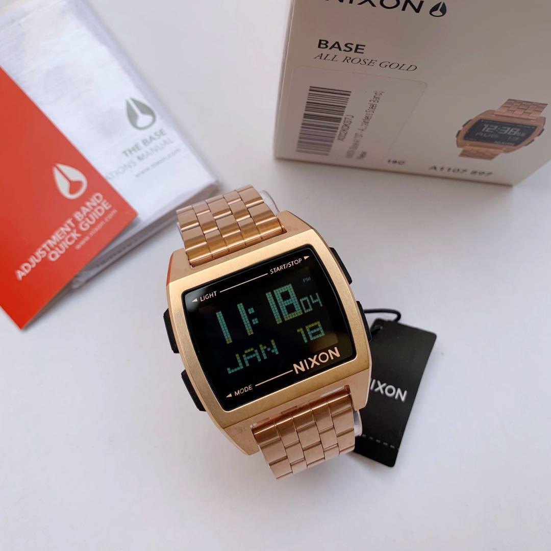 New Authentic Nixon Base Digital Watch - Rose Gold (Category: Men's Watches) located in Muntinlupa City. Submitted by _t.wave (Listing ID 1063857196, Image 1). Description: For sale: Nixon Base Watch 100% authentic or your money back!! Brand new in box with tag, manual and warranty Color: Rose gold All digital calendar, countdown timer, chronograph and light on a negative display LCD Band: Stainless steel Water resistance: 100 meters Size: 38mm W