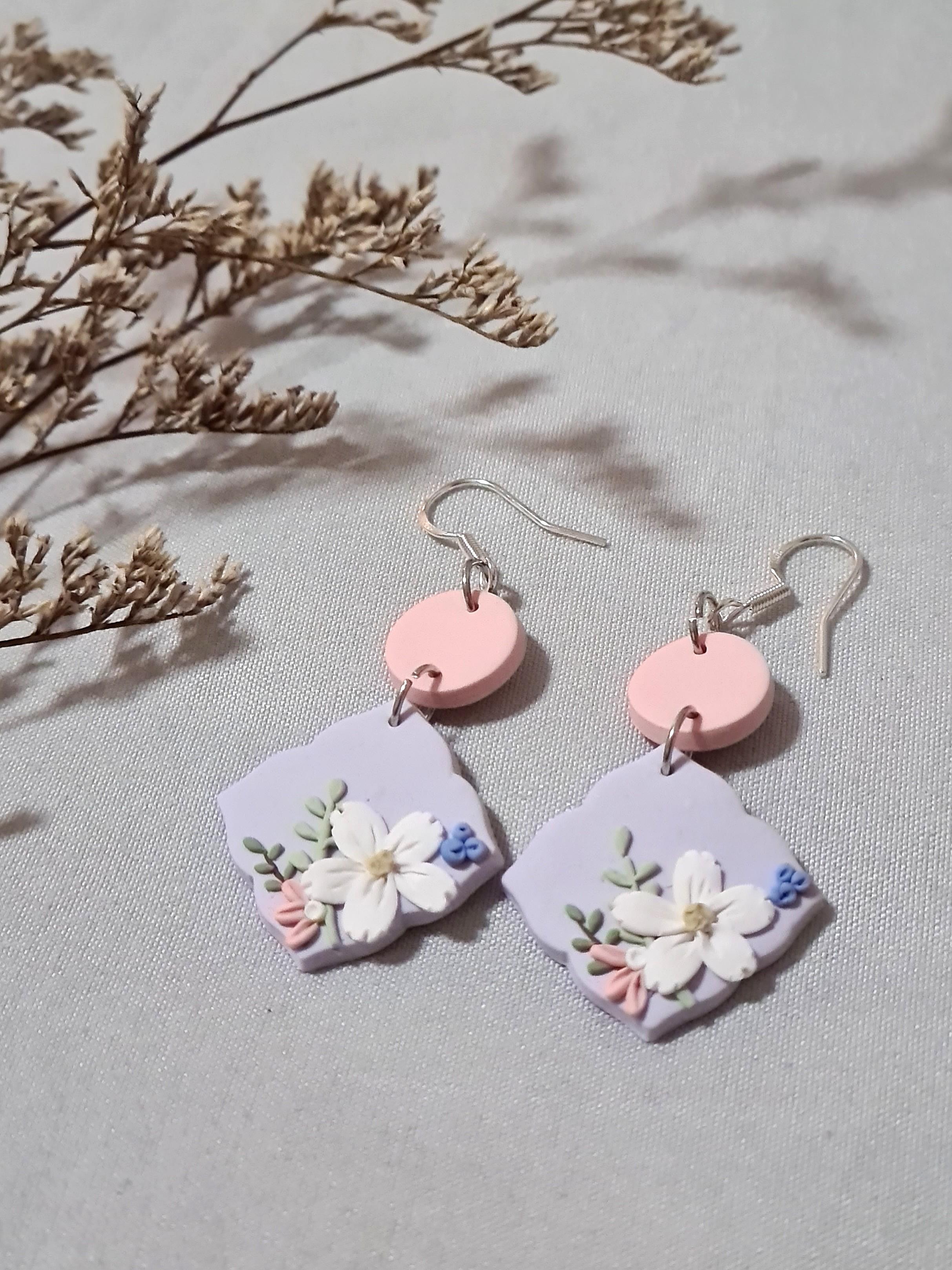 Pastel lilac florals Polymer Clay Earrings