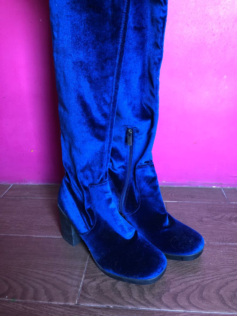 blue velvet thigh high boots