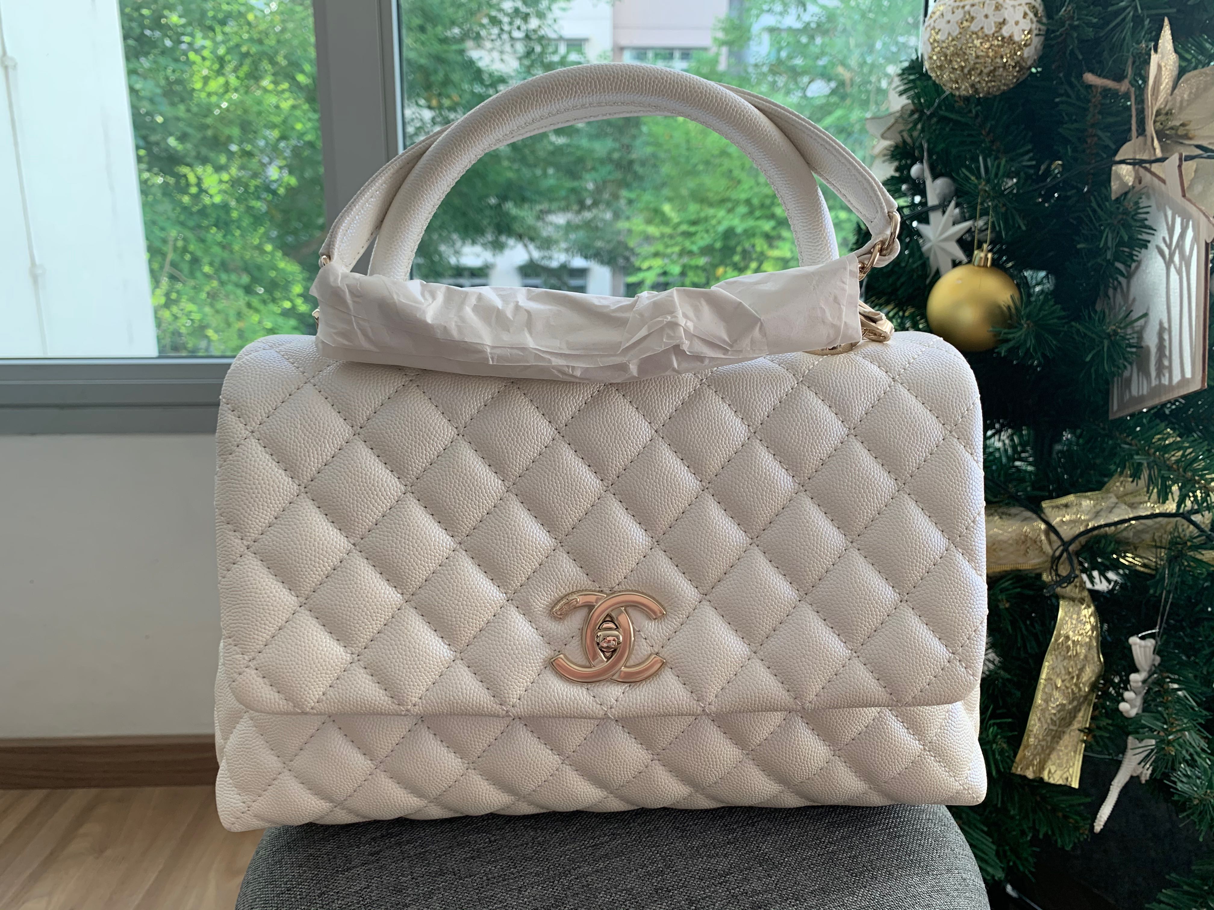 Chanel Coco Handle 20K Iridescent White Quilted Caviar with shiny light  gold hardware