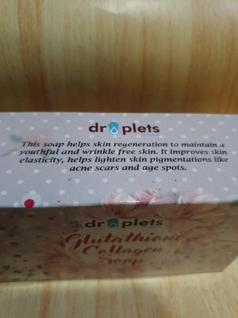 Droplets Glutathione collagen soap (Category: Vitamins & Supplements) located in Manila. Submitted by sarahmei1822 (Listing ID 1060125402, Image 2). Description: This soap helps skin regeneration to maintain a youthful and wrinkle free skin. it improves skin elasticity, helps lighten skin pigmentations like acne scars and age spots..