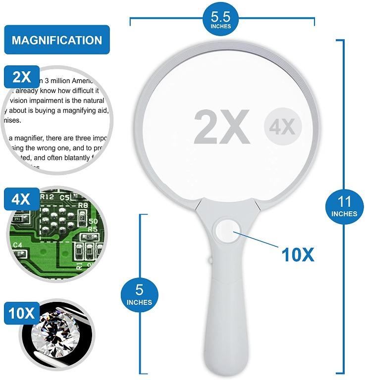 Fancii Extra Large LED Handheld Magnifying Glass with Light 2X 4X 10X
