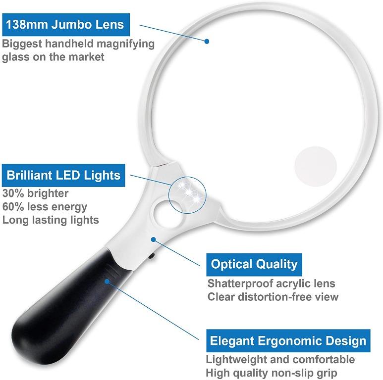 Fancii Extra Large LED Handheld Magnifying Glass with Light 2X 4X 10X