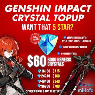 💎GENSHIN IMPACT CRYSTALS TOPUP💎 GENSHIN IMPACT TOP UP |GENESIS CRYSTALS | PRIMO GEMS 💎GENSHIN IMPACT CRYSTALS TOPUP💎 GENSHIN IMPACT TOP UP |GENESIS CRYSTALS | PRIMO GEMS