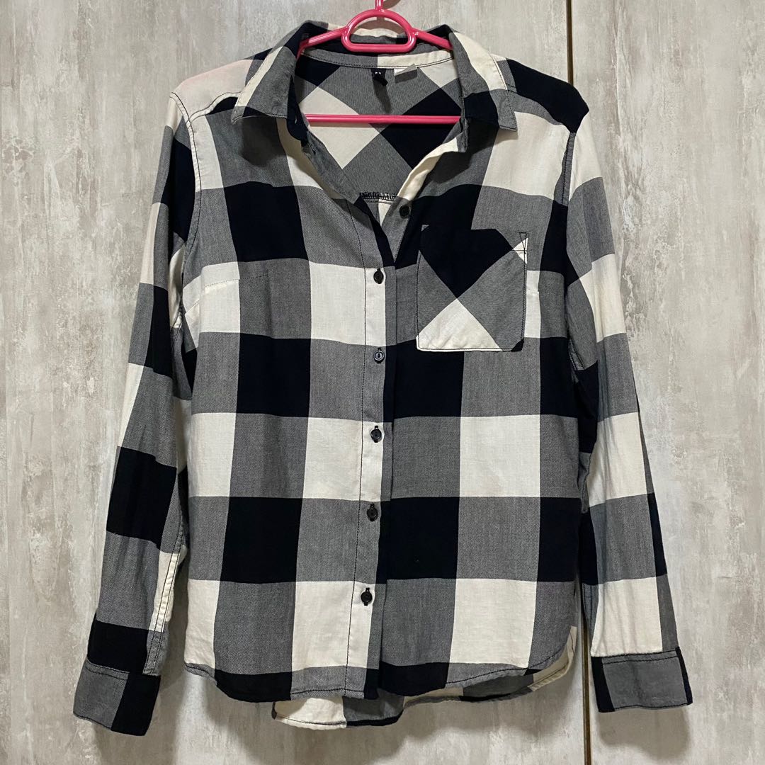 H&M Divded Black And White Checkered Long Sleeve Blouse, Women's