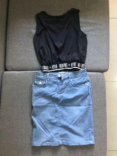 Kendall + Kylie black top and U.S. Polo Assn light blue denim skirt