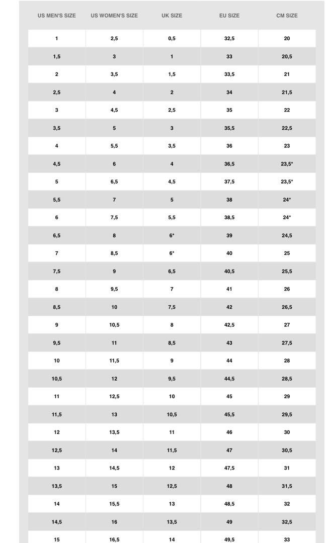 Gs nike size chart 2025