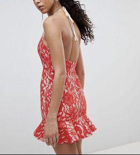 Missguided Red Lace Backless Halter Tie Neck Frill Hem Bodycon Dress