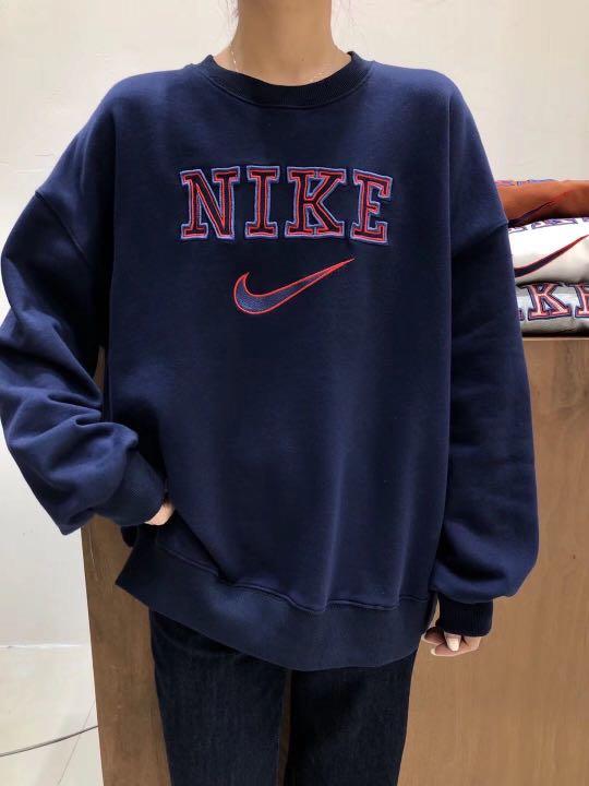 1066 Nike Spellout Contrast Vintage Retro Sweatshirt Sweater Pullover Orange Grey Navy Blue White Women s Fashion Tops Longsleeves on Carousell