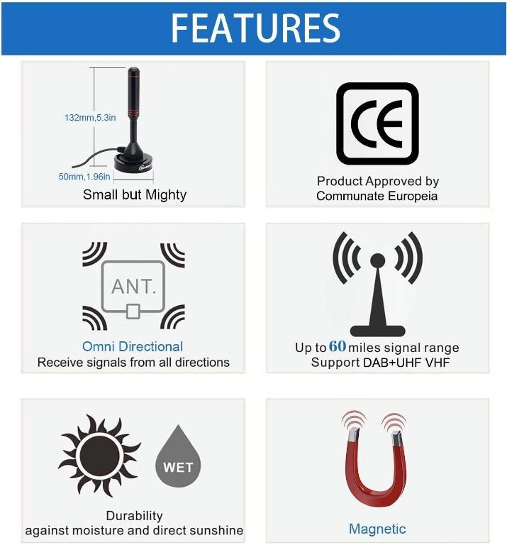 Portable Digital TV Aerial, High Gain HD Antenna for USB TV Tuner/DVBT