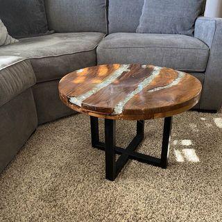 River Coffee Table Small Vintage Furniture Rustic Solid Teak Mango Wood Side End Round Crushed Glass Resin Industrial Retro Style Large Legs