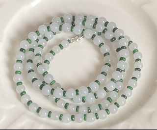 翡翠頸珠 頸錬 冰白翡翠配花青片頸珠 可作4圈手珠64223364704514110