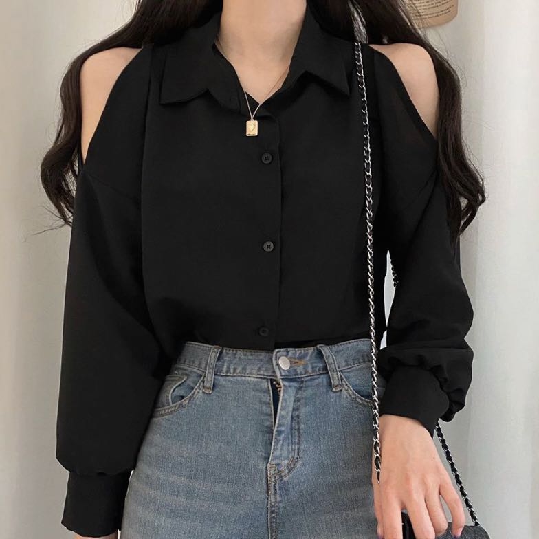 black off the shoulder button up top