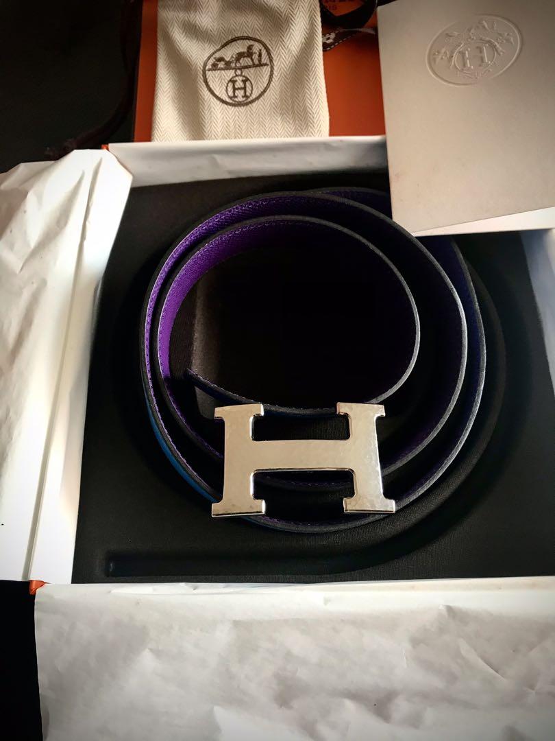 Hermes belt with hammered buckle (rare) 85cm. Cobalt blue and purple  reversible leather.