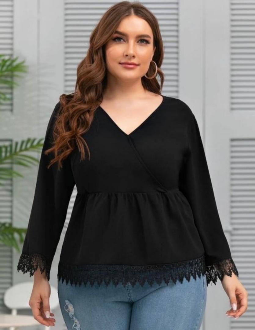 SHEIN] Black Blouse Lace Rim, Women's 