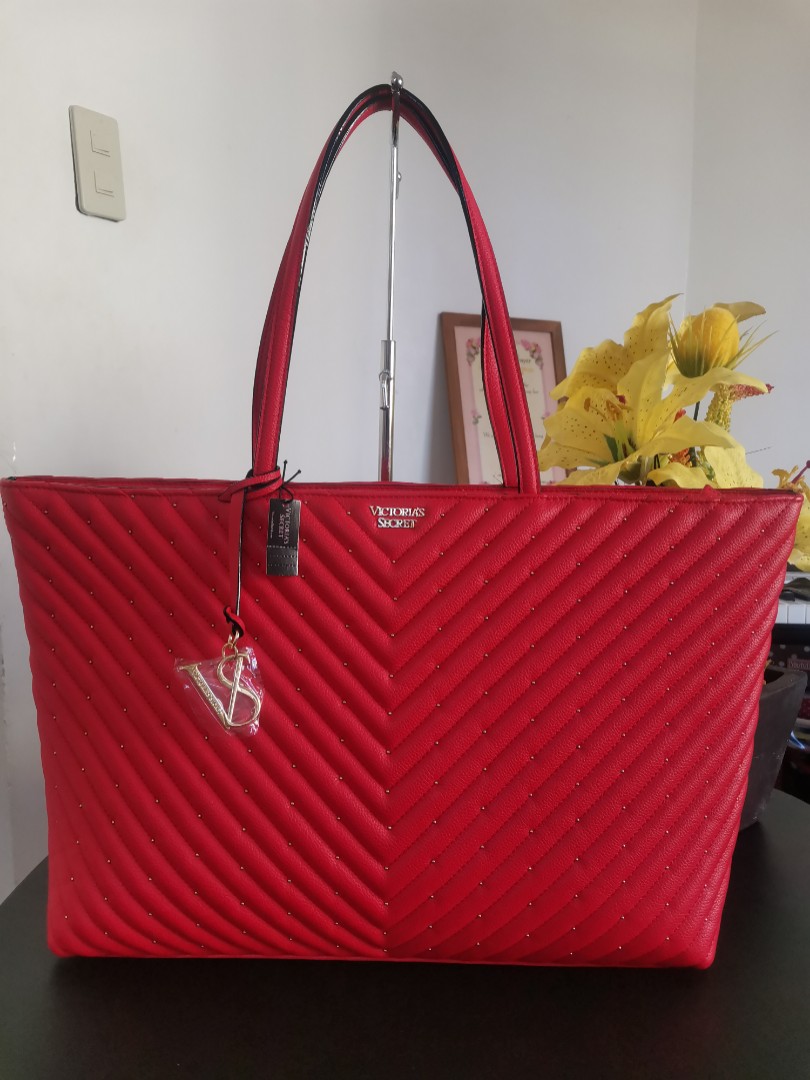 Victoria Secret Studded V-Quilt Tote Bag - Red, Women's Fashion