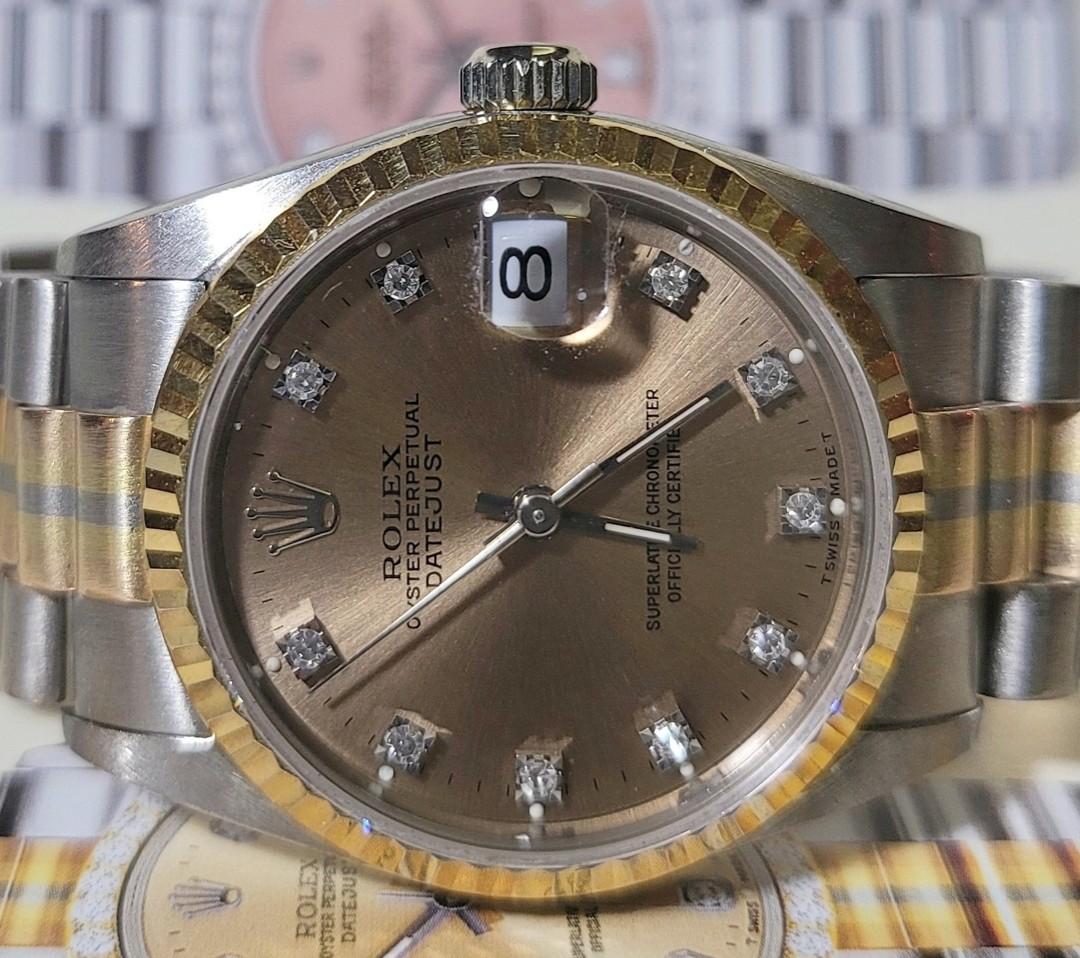 真品高質極美18K三色金鑽石字閃爍香檳啡面中古Rolex 68279 BIG 31MM 