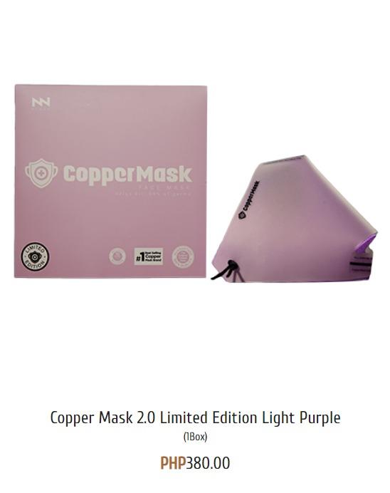 Copper Mask 2.0 Light Purple (Category: Vision Care) located in Manila. Submitted by glazed.doughnat (Listing ID 1064382835, Image 1). Description: Order directly thru this link: www.coppermask.ph/ordernow/PPS15558642 1Box - Strong antimicrobial layer 2.0 - Helps kill 99.9% of germs - Superior bacteria exterminator effect - Comfortable respiration - Complete prevention of saliva droplets - Helps prevent dermatitis and allergies - Harmless to huma