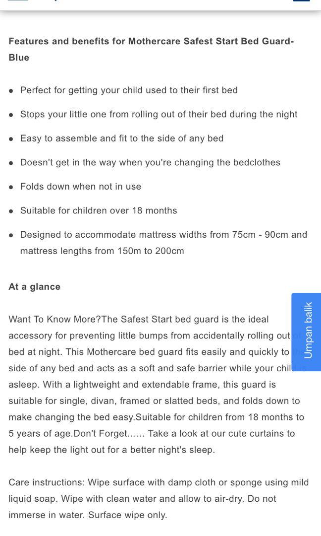 Mothercare bed guard, Babies & Kids, Baby Nursery & Kids Furniture, Bed Guards on Carousell
