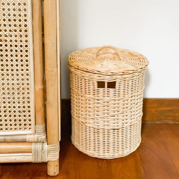 Rattan dustbin trash can with lid vintage rustic bohemian home