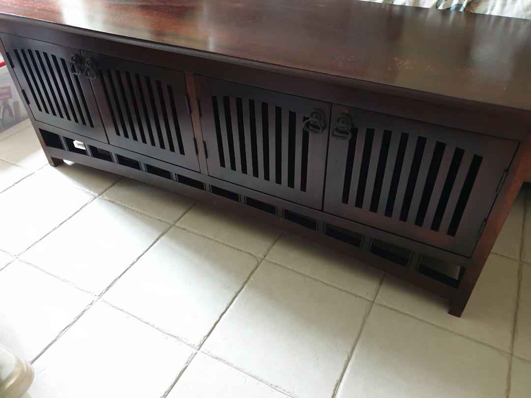 RICH DARK STAINED WOOD TV CONSOLE, Furniture & Home Living, Furniture
