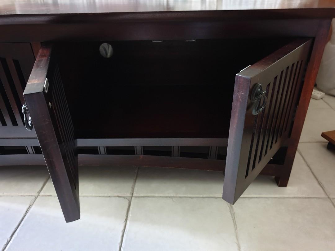 RICH DARK STAINED WOOD TV CONSOLE, Furniture & Home Living, Furniture