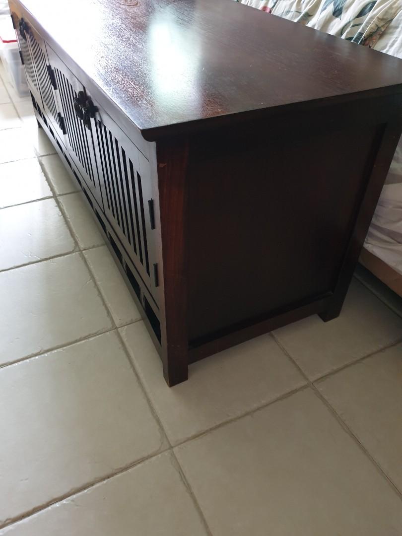 RICH DARK STAINED WOOD TV CONSOLE, Furniture & Home Living, Furniture