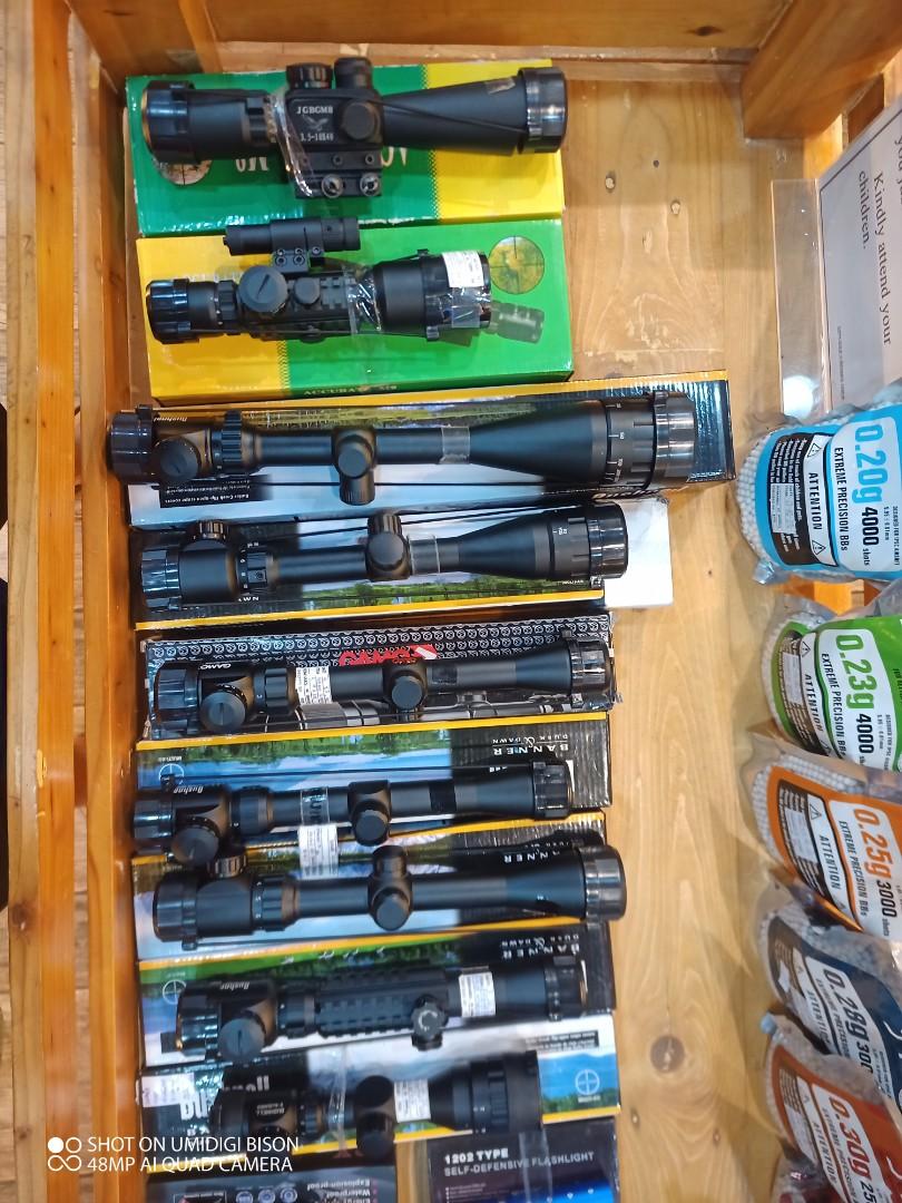 RIFLE SCOPES (Category: Airsoft) located in Makati City. Submitted by hellohoooman (Listing ID 1064385411, Image 1). Description: Price is 2500 and up Good for Airsoft and Airguns can also be used on low cal. rifles All have illuminated crosshairs, magnification, zeroable. *Other models doesn't include mounts.
