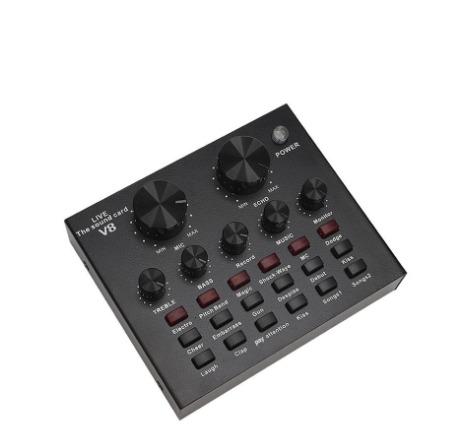V8 Sound Card (Category: Soundbars, Speakers & Amplifiers) located in Manila. Submitted by sdfsolutions (Listing ID 1064373098, Image 3). Description: Feature: 1. 12 kinds of electric sound, 8 kinds of sound effects, 6 kinds of effect modes. 2. Reverberation size adjustment, microphone volume adjustment, high bass adjustment, recording volume control, music volume control, monitoring volume control (earphone function). 3. Support mobile phone com