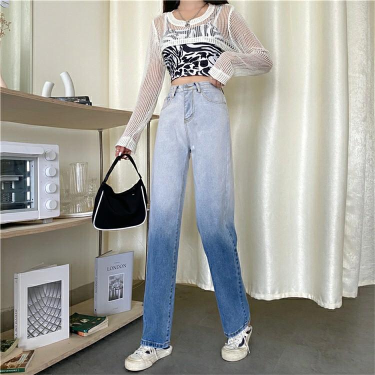 Denim gradient color jeans female Korean high waist straight jeans pants  trousers