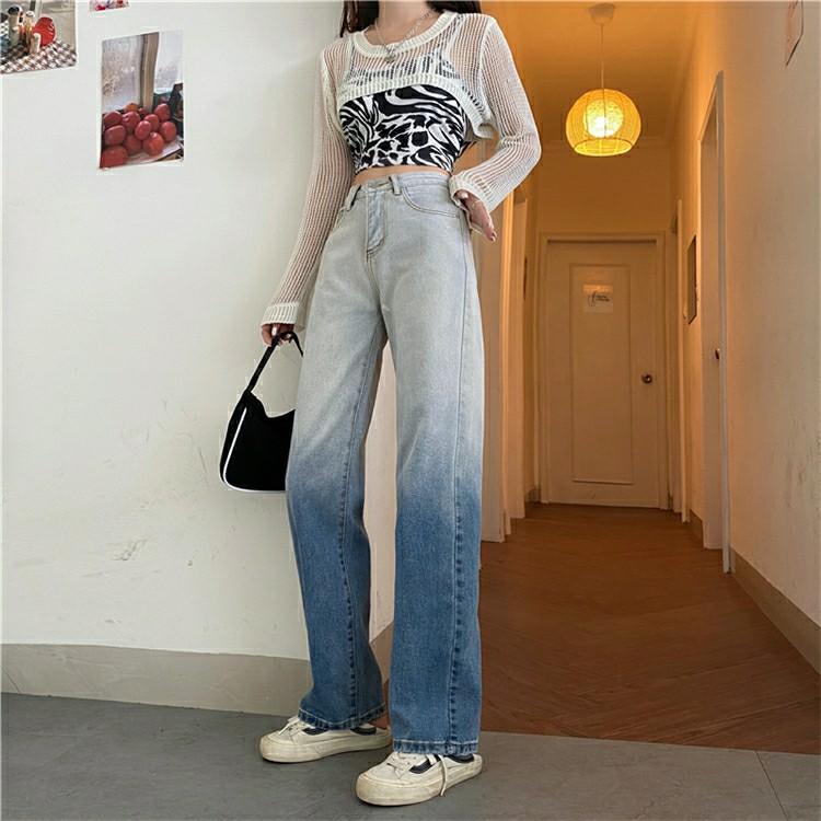 Denim gradient color jeans female Korean high waist straight jeans pants  trousers