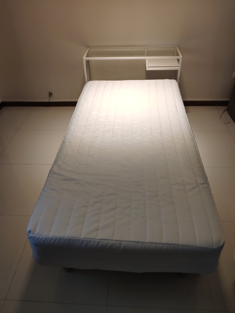 Muji bed with table and pull out drawer on caster wheels, Furniture