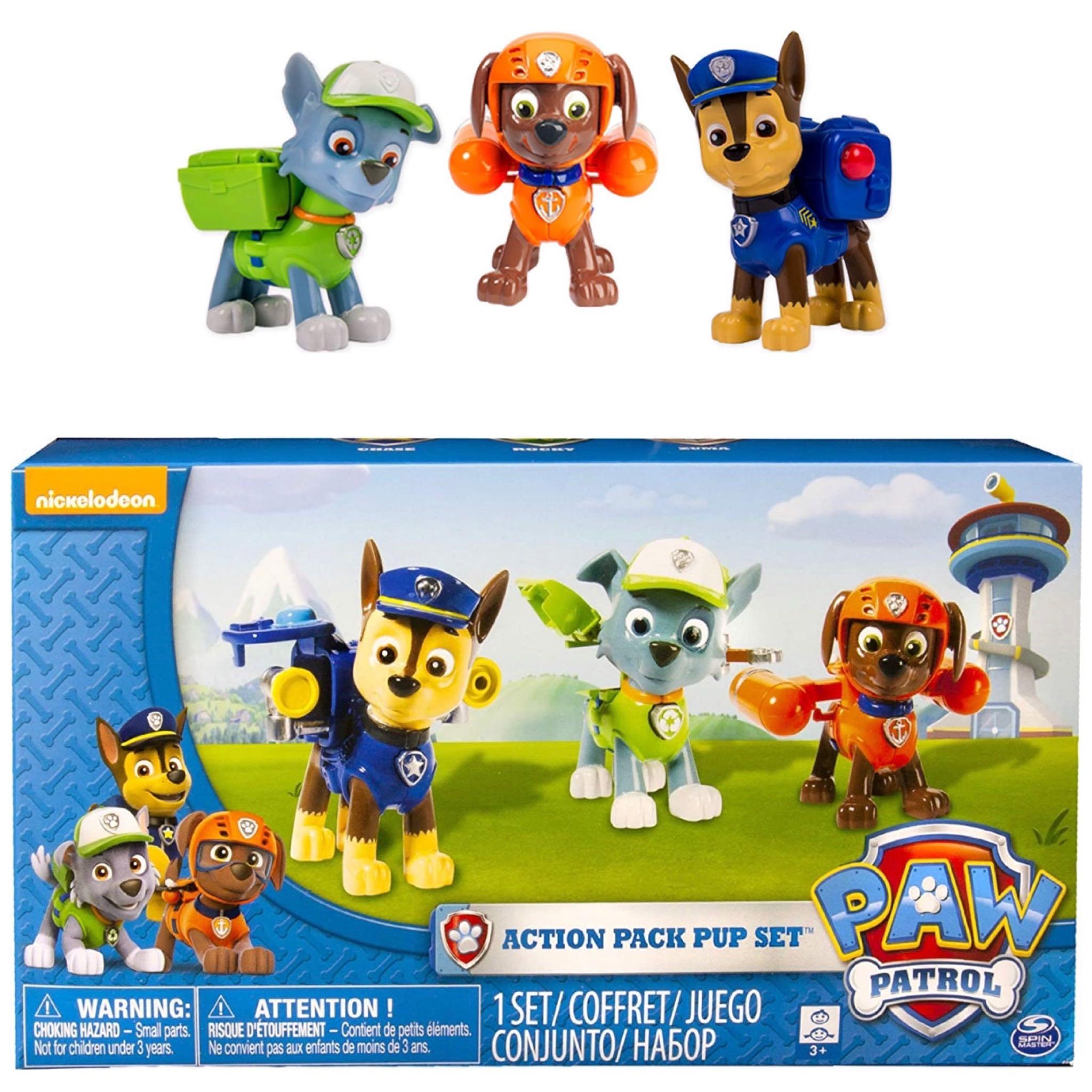 Paw Patrol Kids 3Pk, Skye, Zuma, Rocky Action Pack Pups Figure Set