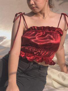 Smocked Satin Self Tie Top in Red (Reformation Inspired)