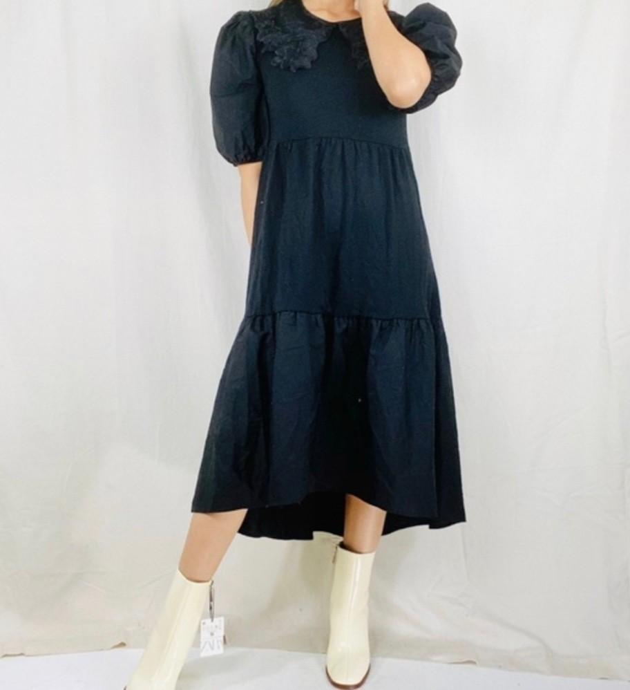 Zara black puff sleve tiered midi dress, Women's Fashion, Muslimah Fashion,  Dresses on Carousell