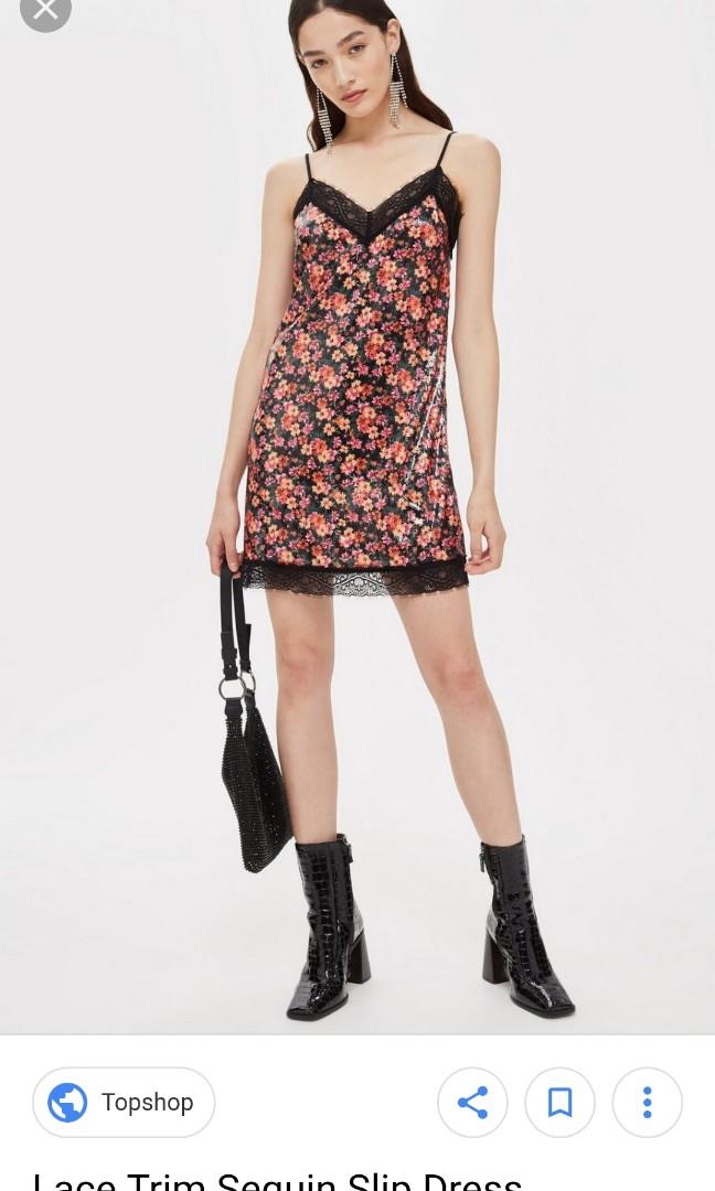 BNWT Topshop Lace trim sequin slip dress Women s Fashion