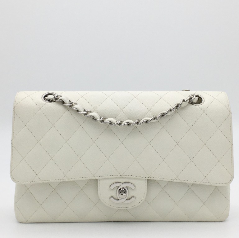 CHANEL classic flap bag medium in white caviar with silver hardware