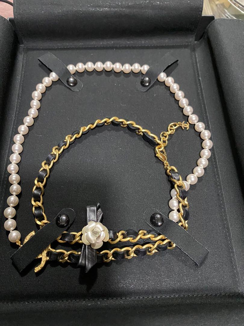 Chanel pearl with leather chain necklace ( waist chain )