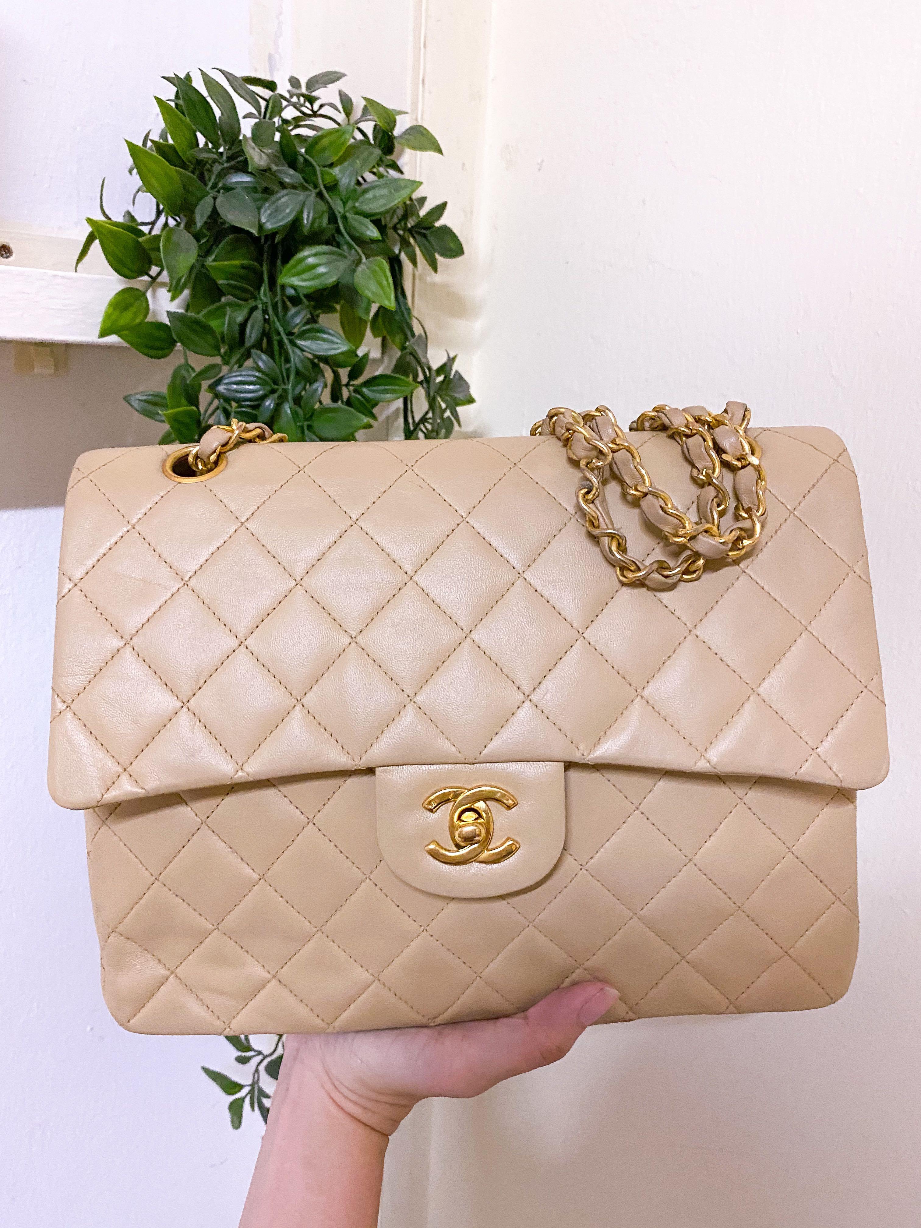 Vintage Chanel 24K GHW Beige Classic Double Flap Square in Medium Tall